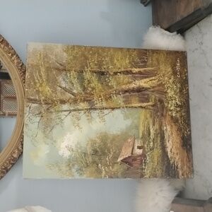 . Vintage Oil Painting by Phillip Cantrell - Scenic Forrest Cottage Cabin Landsc